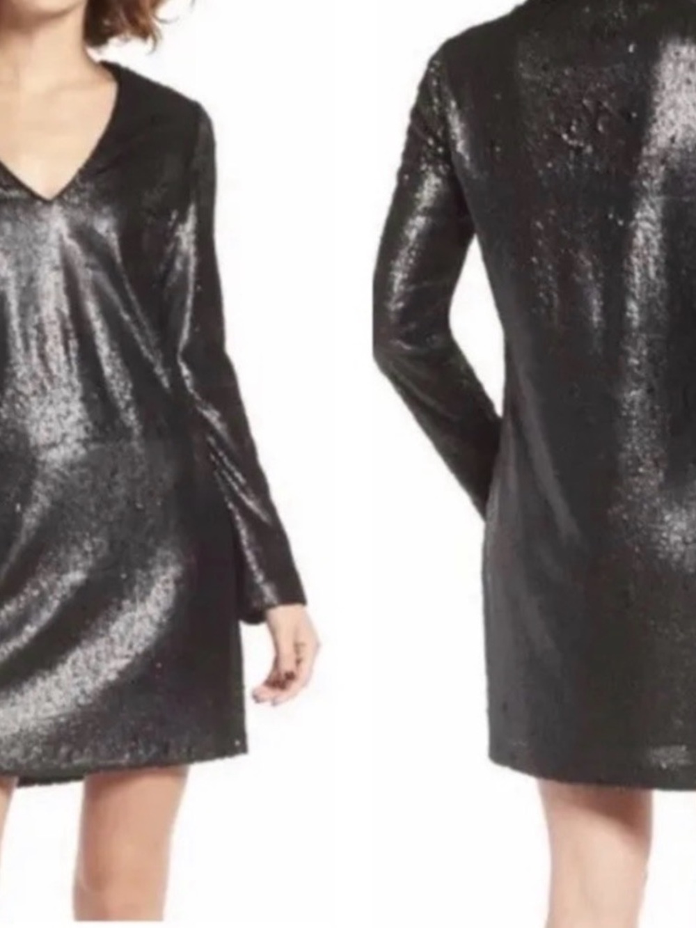 Wayf Black Sequin V-Neck Long Sleeve Dress